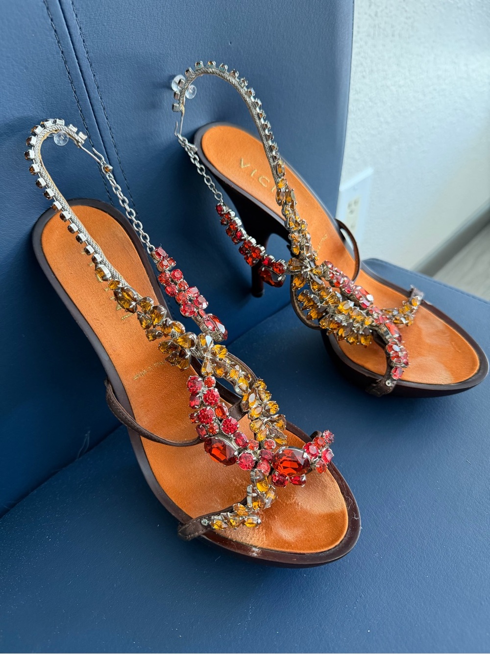 Giuseppe Zanotti Brown Leather Sandals with Red & Yellow Crystal Straps - Picture 2 of 6